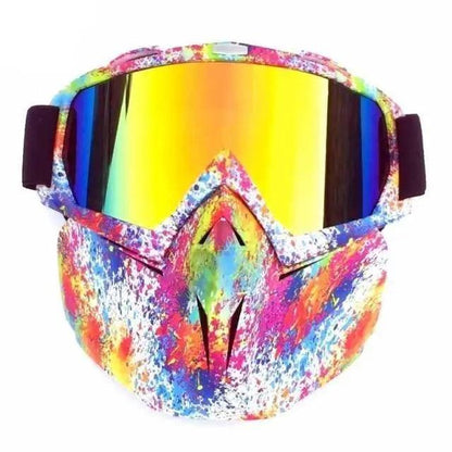 Stevvex snowboard goggles with colorful paint-splatter frame and mirrored yellow lenses on Tampa Home & Garden Store