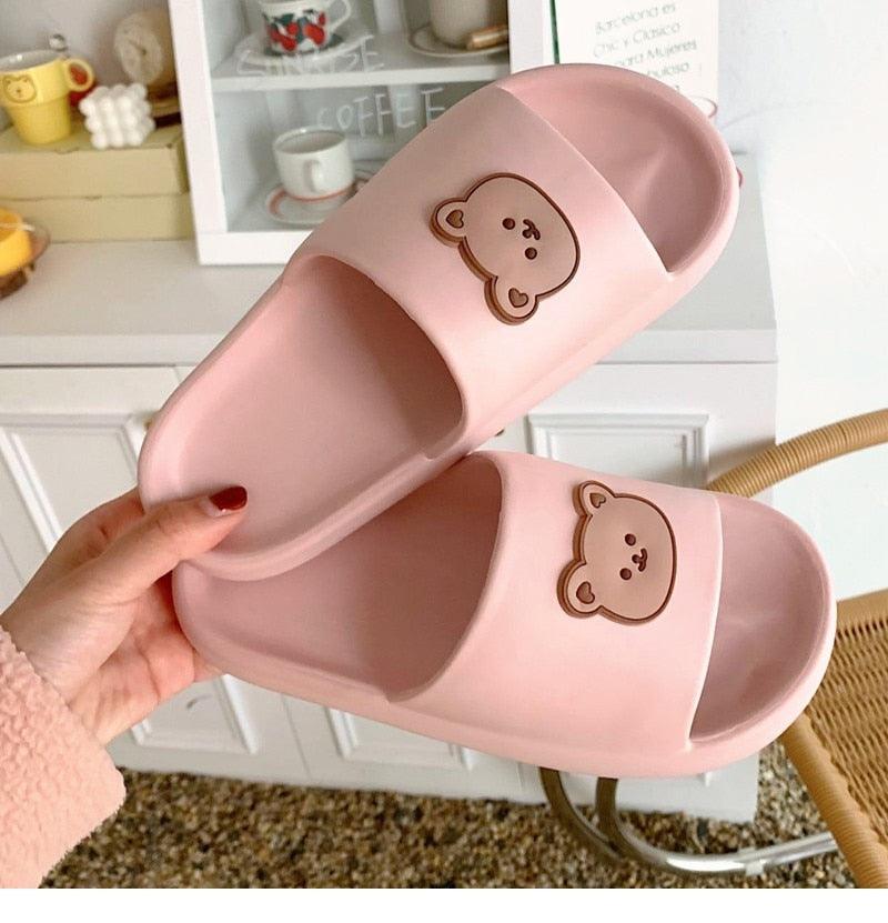 Unisex pink thick-sole slides with bear logo by Stevvex, sandals for beach and pool on Tampa Home & Garden Store