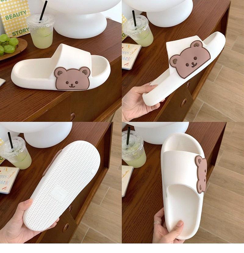 Unisex Stevvex thick-sole white beach slide sandal with brown bear face on strap on Tampa Home & Garden Store