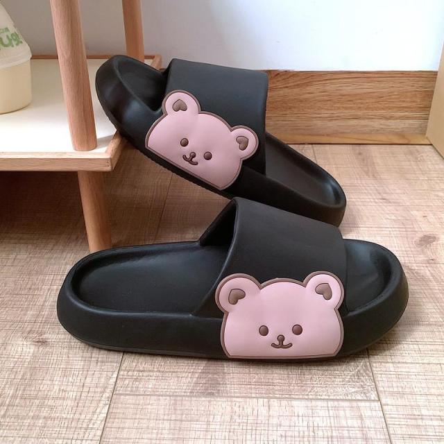 Unisex Stevvex thick sole slide sandals with pink bear-face strap, black, 2 slides on Tampa Home & Garden Store