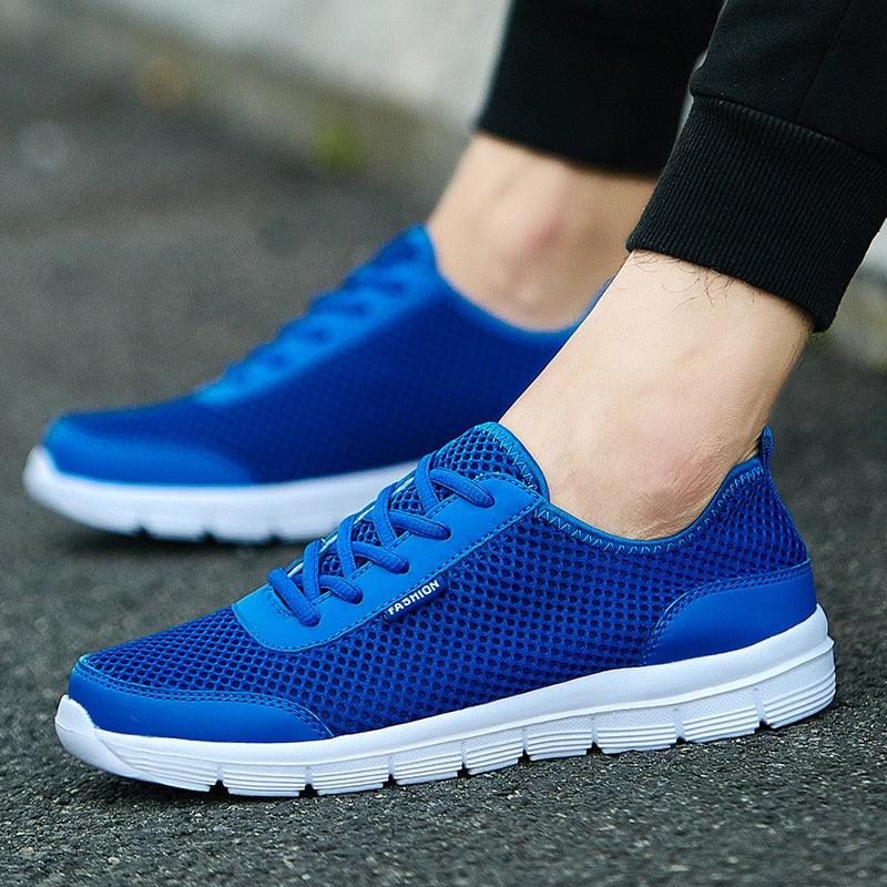 Stevvex unisex blue breathable mesh sneakers pair lace-up casual walking shoes white sole on Tampa Home & Garden Store