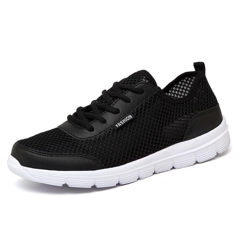 Stevvex unisex black mesh sneakers with lace-up front and white sole on Tampa Home & Garden Store