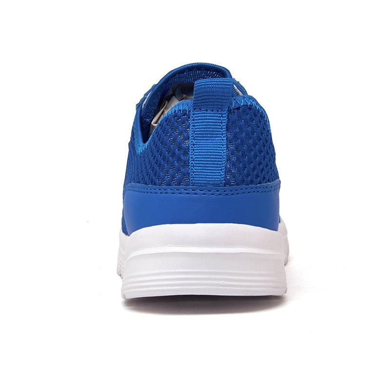 Unisex blue Stevvex mesh sneakers back view with white outsole on Tampa Home & Garden Store