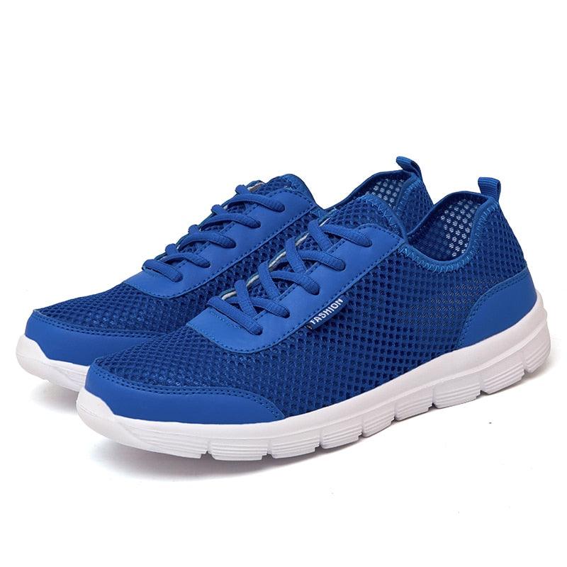 Blue breathable mesh unisex sneakers pair with lace-up design and white sole on Tampa Home & Garden Store