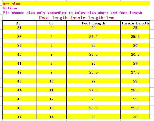 Stevvex sneakers size chart with EU/US conversions and foot vs insole length for men 37–47 on Tampa Home & Garden Store