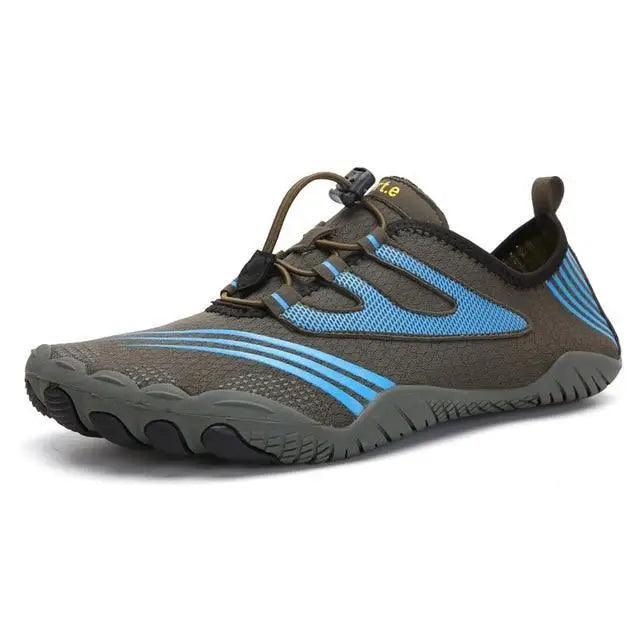 Stevvex athletic water sneaker, unisex grey with blue mesh, non-slip sole on Tampa Home & Garden Store