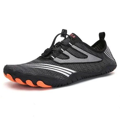 Stevvex unisex water shoes, black/gray knit upper with orange outsole, non-slip beach sneakers on Tampa Home & Garden Store