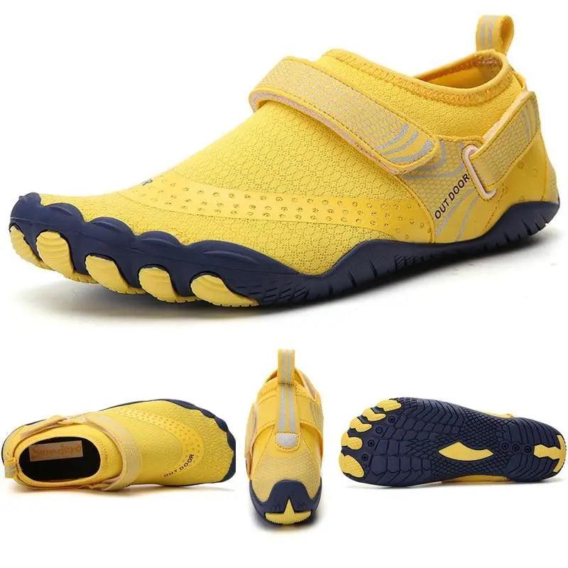 Stevvex unisex water athletic shoes yellow with navy blue non-slip outsole and Velcro strap on Tampa Home & Garden Store