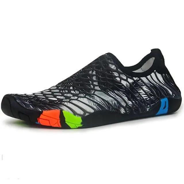 Stevvex unisex water shoes, black mesh upper, non-slip beach sneakers with orange blue outsole on Tampa Home & Garden Store