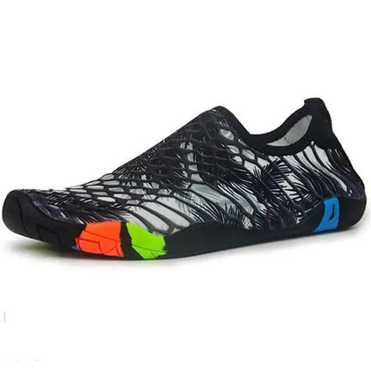 Stevvex unisex water shoes, black mesh upper, non-slip beach sneakers with orange blue outsole on Tampa Home & Garden Store