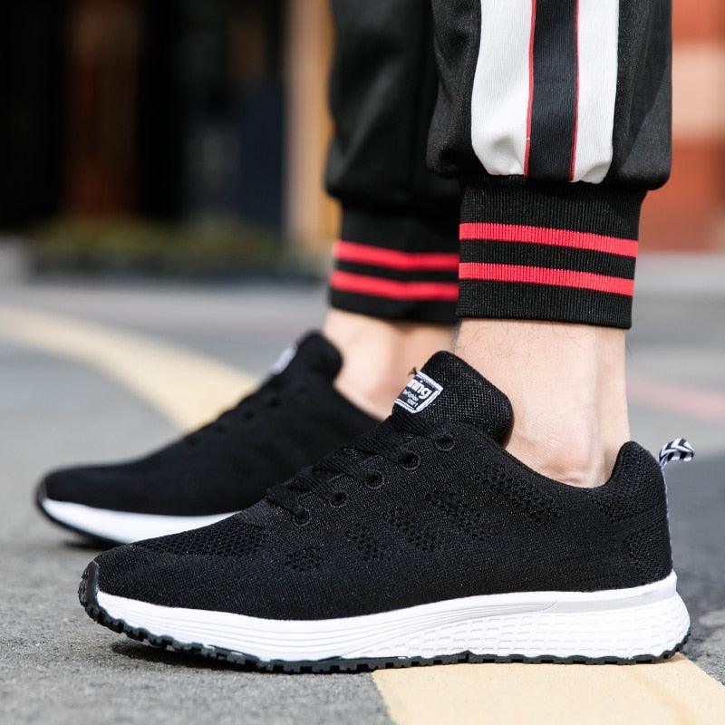 Stevvex black mesh sneakers, ST85SH5788WBO, lace-up casual sport shoes with white sole, pair on Tampa Home & Garden Store