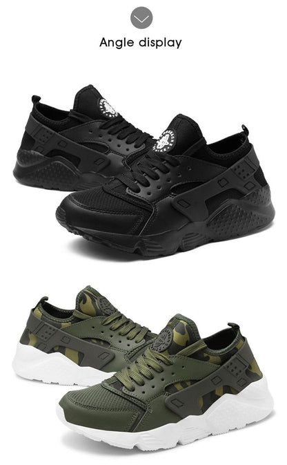 Stevvex sneakers two-pair display: black pair and olive camo pair with mesh uppers and chunky soles on Tampa Home & Garden Store