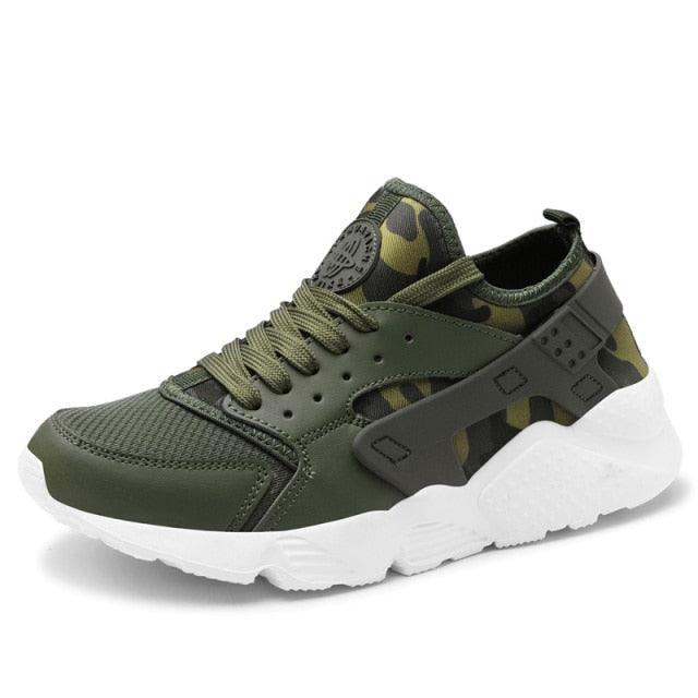 Stevvex unisex camo mesh sneakers with olive green upper and white chunky sole on Tampa Home & Garden Store