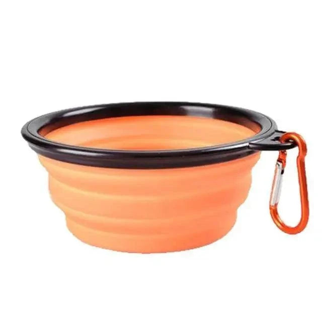 Stevvex collapsible silicone dog travel bowl orange with black rim and carabiner on Tampa Home & Garden Store
