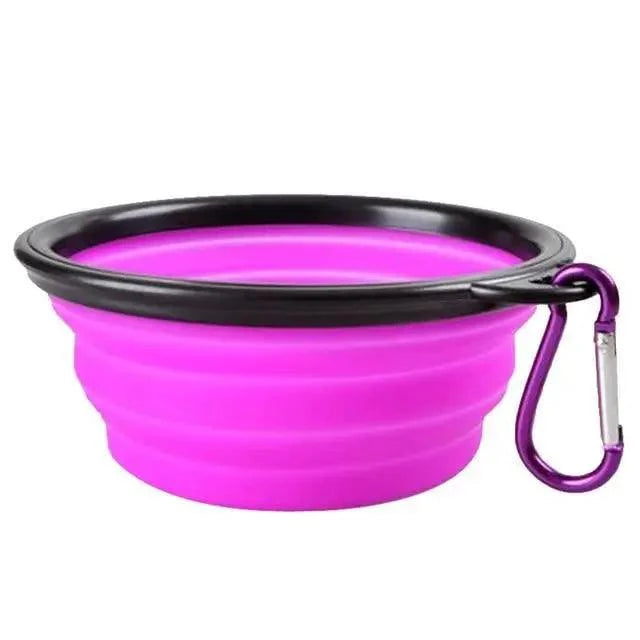 Collapsible silicone dog travel bowl pink with black rim and purple carabiner by Stevvex on Tampa Home & Garden Store