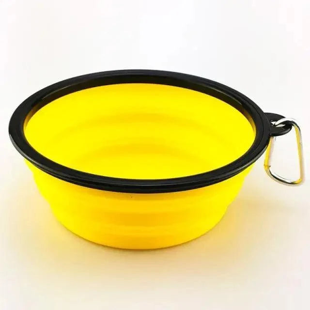 Stevvex collapsible silicone dog travel bowl yellow with black rim and carabiner on Tampa Home & Garden Store