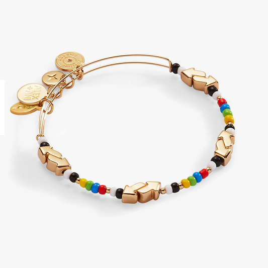 UNO Reverse Card Beaded Bangle by ALEX AND ANI; gold-tone arc bands with multicolor beads on Tampa Home & Garden Store