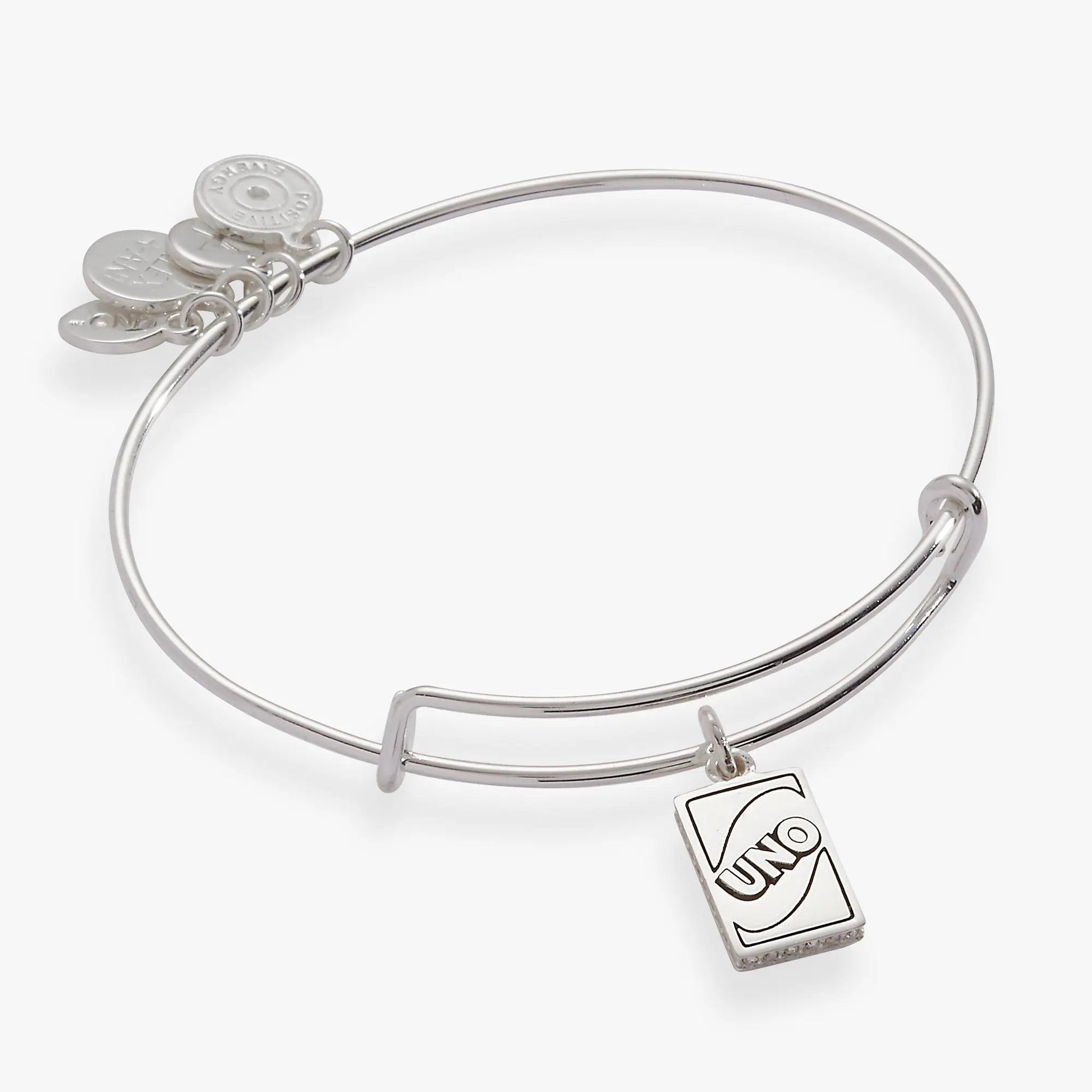 UNO Trust No One charm bangle by Alex and Ani in silver with disc charms and UNO tag on Tampa Home & Garden Store