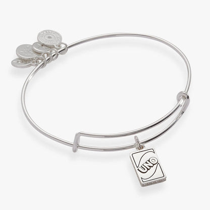 UNO Trust No One charm bangle by Alex and Ani in silver with disc charms and UNO tag on Tampa Home & Garden Store