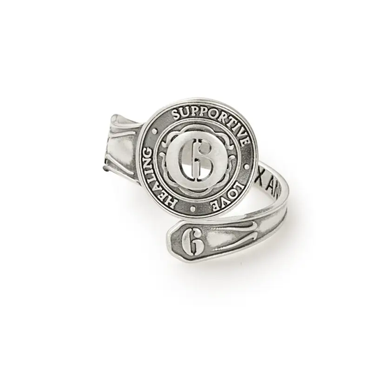 Number 6 Spoon Ring, silver-tone ring with circular charm engraved Healing Supportive Love on Tampa Home & Garden Store