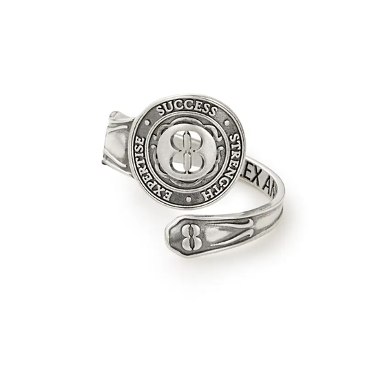 Number 8 Spoon Ring by ALEX AND ANI, silver-tone face with 8 and SUCCESS STRENGTH EXPERIENCE on Tampa Home & Garden Store