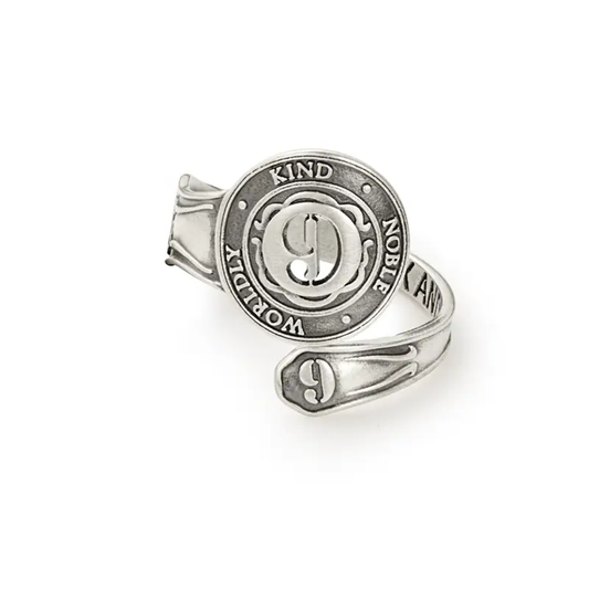 Number 9 Spoon Ring by ALEX AND ANI, silver-tone wrap ring with circular medallion on Tampa Home & Garden Store