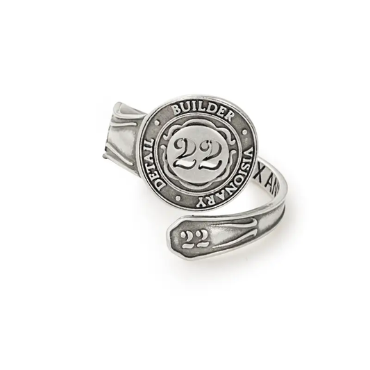 Number 22 Spoon Ring by Alex and Ani, silver-tone adjustable ring with 22 motif on the spoon end on Tampa Home & Garden Store