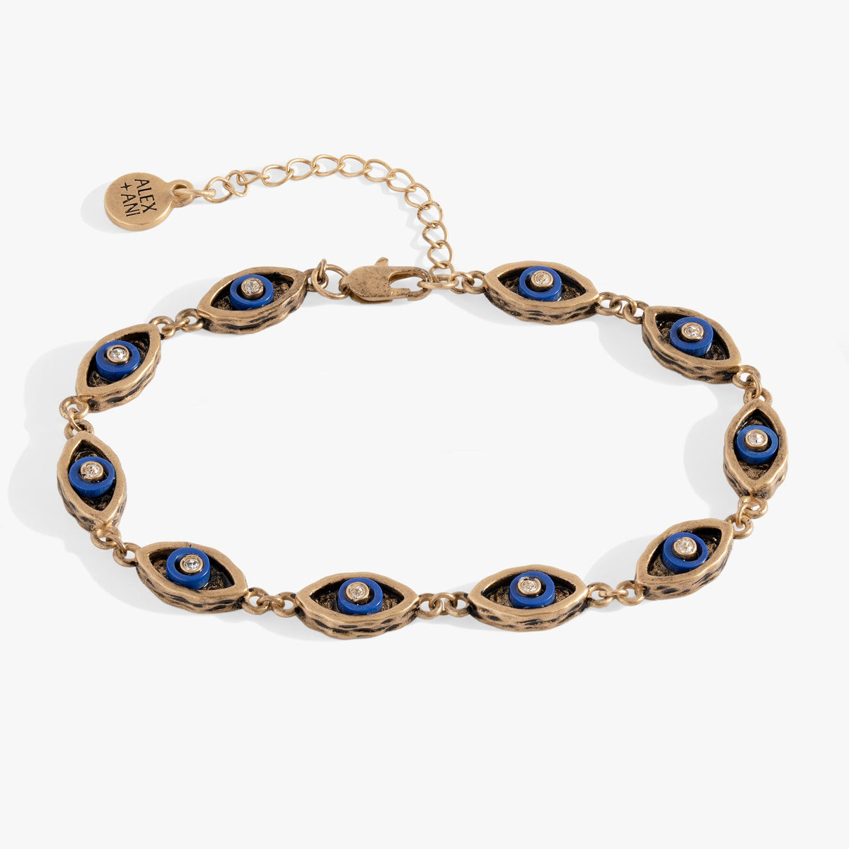 Untamed Evil Eye Chain Bracelet by Alex and Ani; gold-tone link chain with blue eye charms on Tampa Home & Garden Store