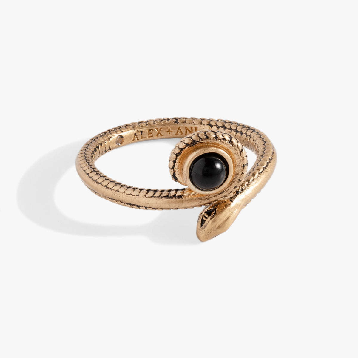 Untamed Snake Ring by Alex and Ani, gold-toned coiled snake with black cabochon eyes on Tampa Home & Garden Store