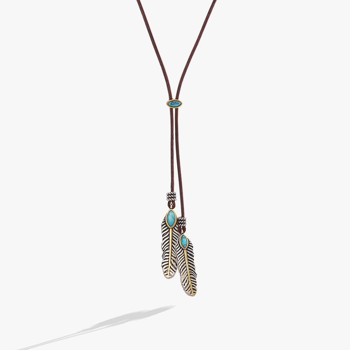 Untamed Turquoise Lariat Necklace with turquoise stone and brown leather cords by ALEX AND ANI on Tampa Home & Garden Store