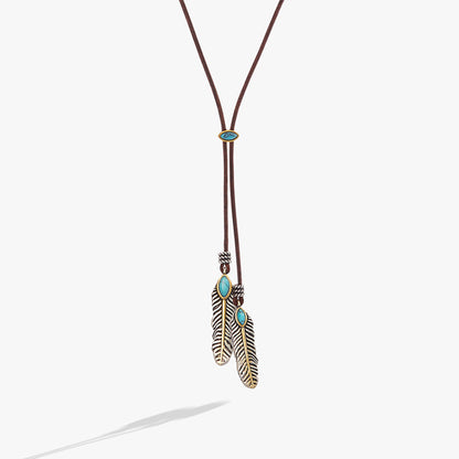 Untamed Turquoise Lariat Necklace with turquoise stone and brown leather cords by ALEX AND ANI on Tampa Home & Garden Store