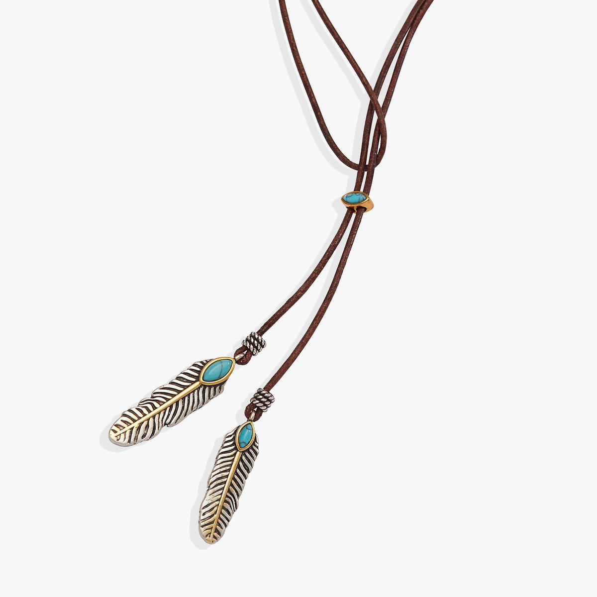 Untamed Turquoise Lariat Necklace ALEX AND ANI leather cords with turquoise beads feather pendant on Tampa Home & Garden Store
