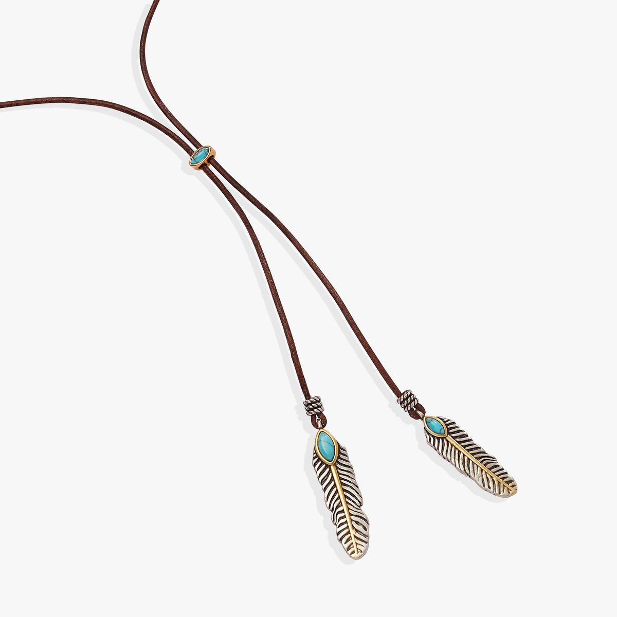 Untamed Turquoise Lariat Necklace by ALEX AND ANI with turquoise stones on brown leather cords on Tampa Home & Garden Store