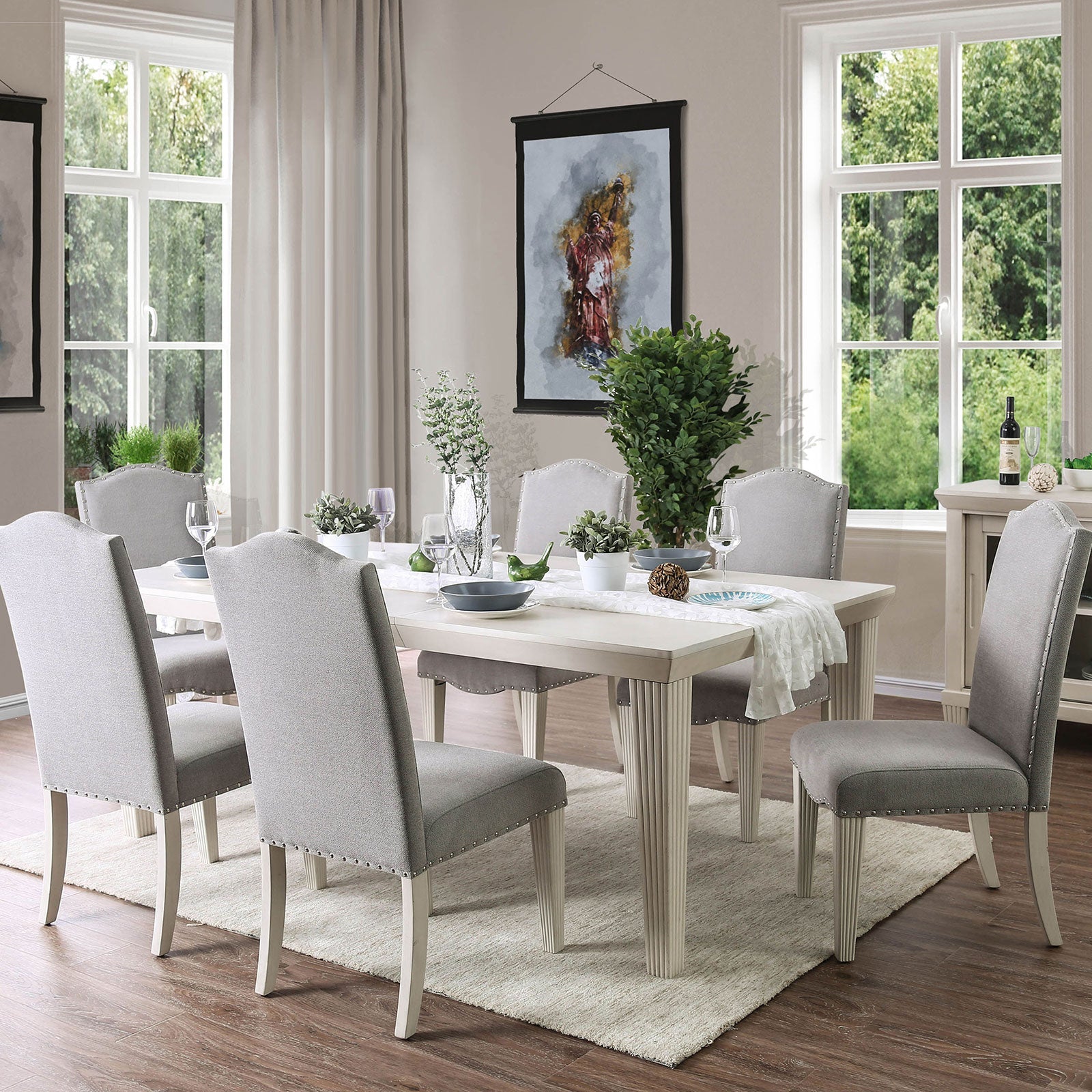 Upholstered dining chairs light gray fabric camel back nailhead trim set of 2 HouseOfZazla on Tampa Home & Garden Store
