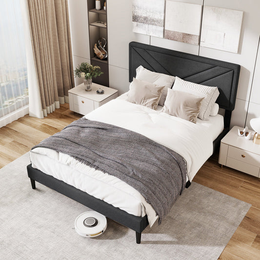 Upholstered Platform Bed with Tufted Headboard and Wooden Slats-Full Size - Tampa Home & Garden Store