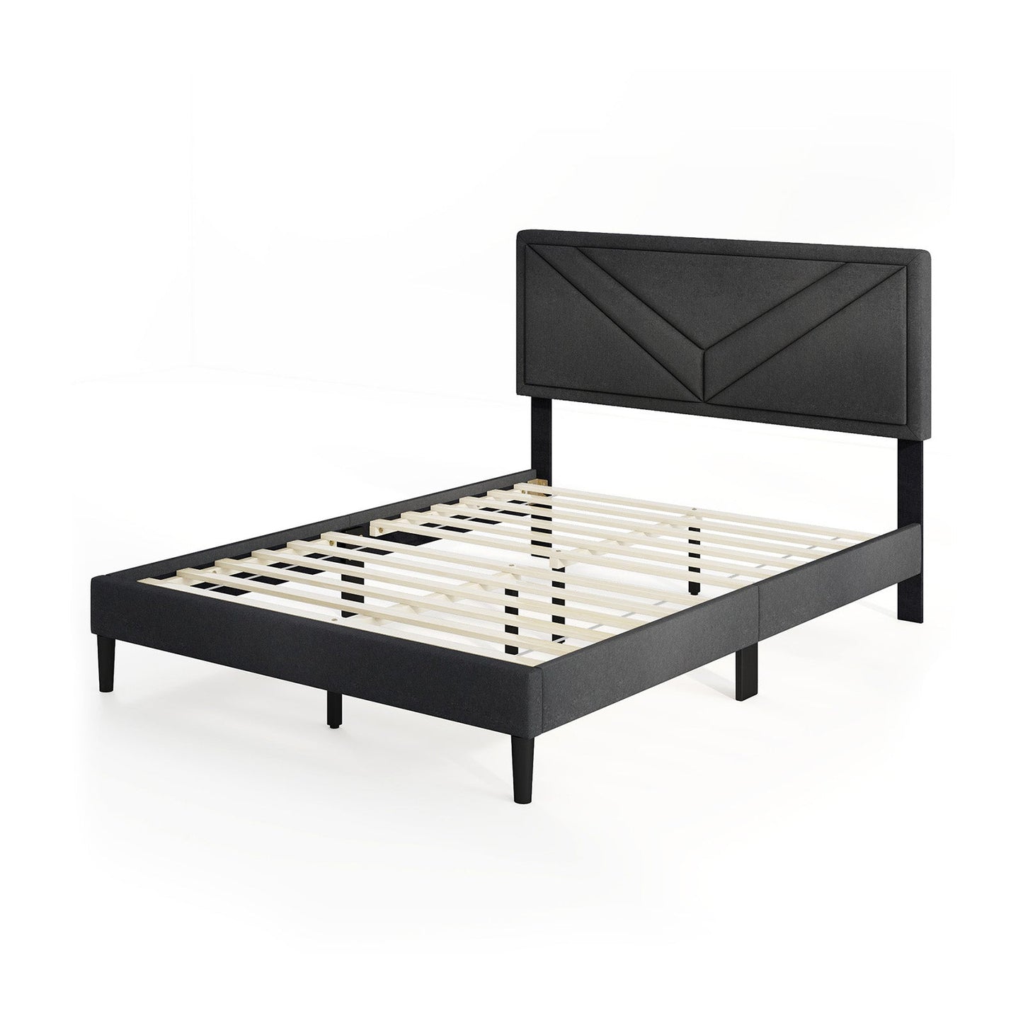 Cama de plataforma tapizada con cabecero capitoné y listones de madera, tamaño matrimonial
