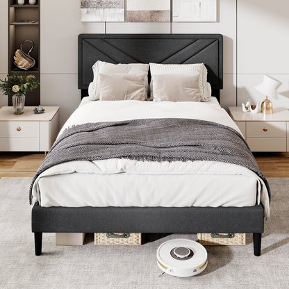 Cama de plataforma tapizada con cabecero capitoné y listones de madera, tamaño matrimonial
