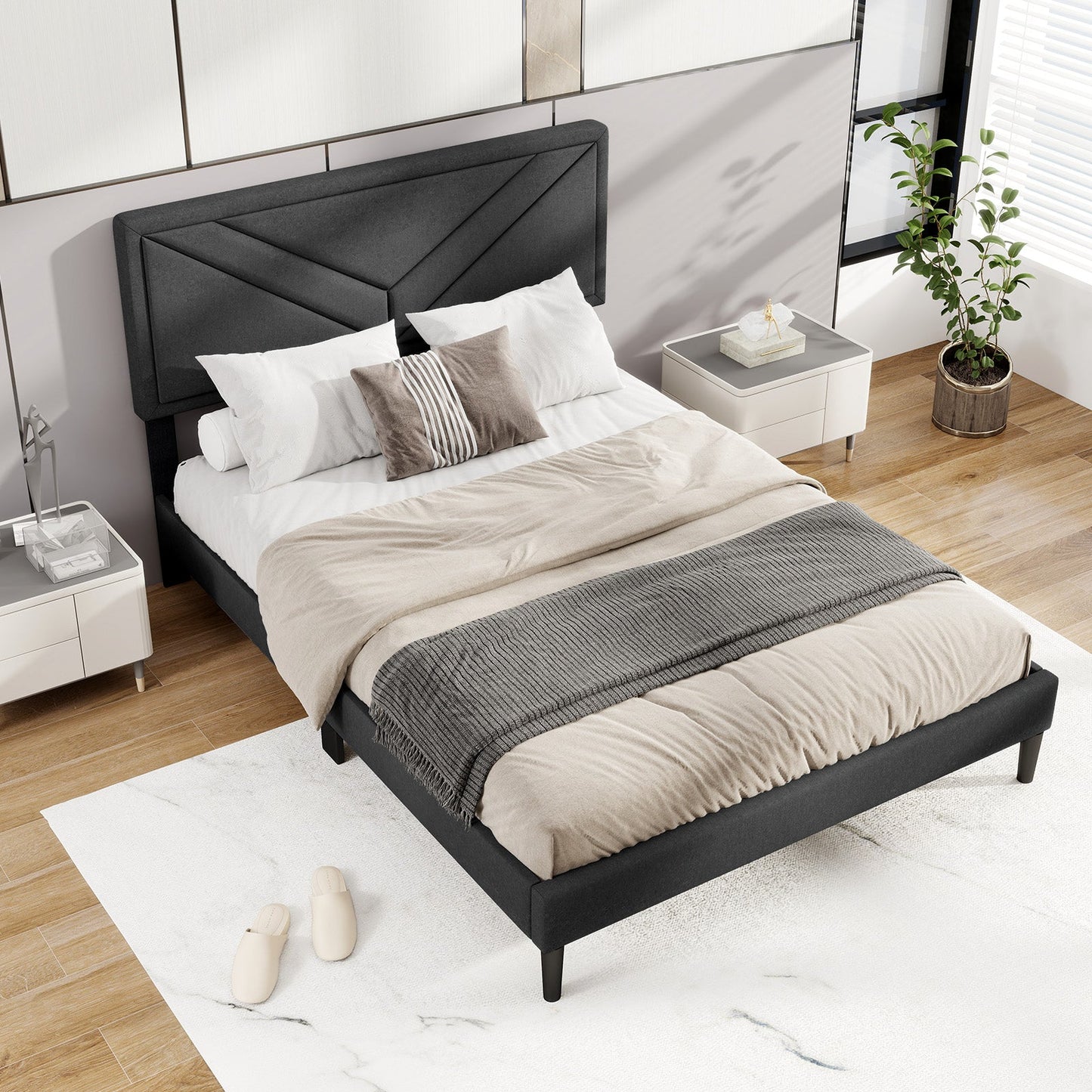 Cama de plataforma tapizada con cabecero capitoné y listones de madera, tamaño matrimonial