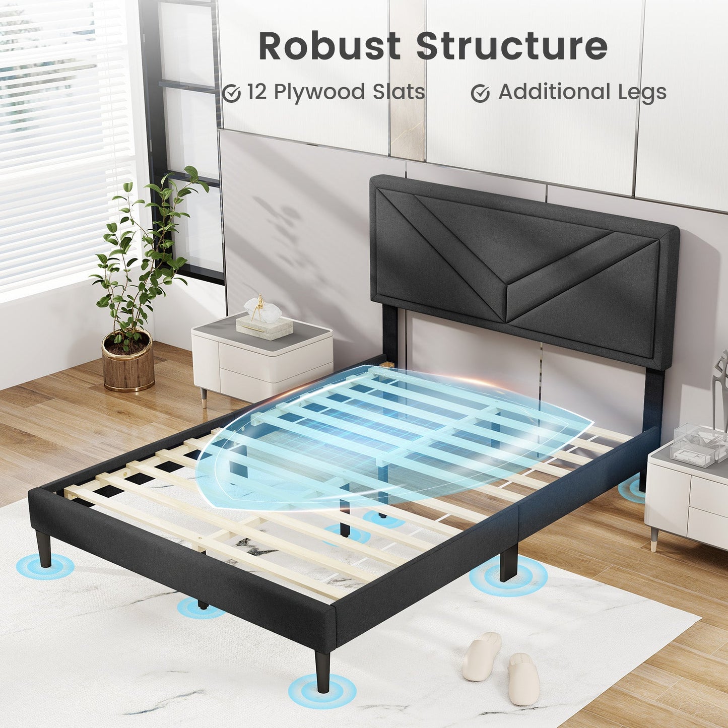 Cama de plataforma tapizada con cabecero capitoné y listones de madera, tamaño matrimonial