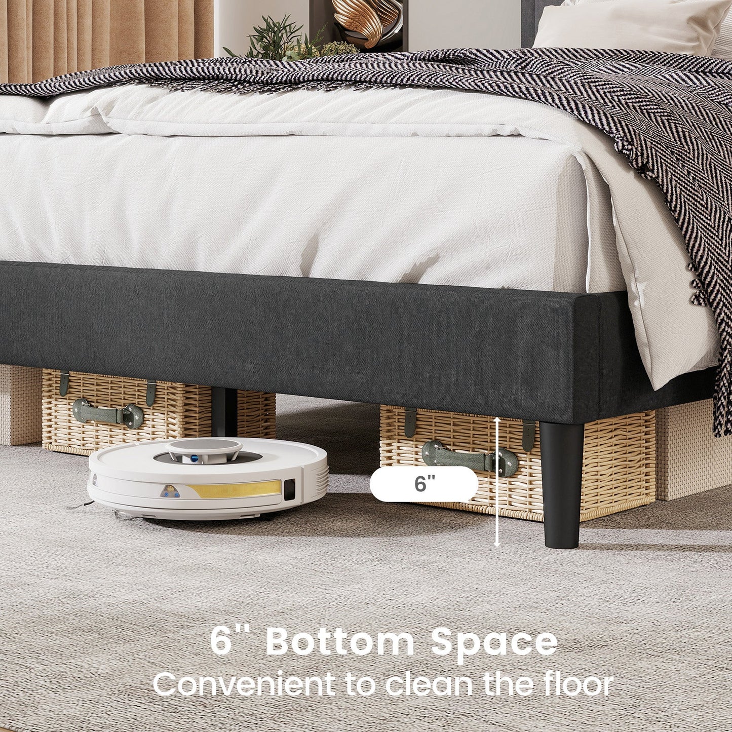 Cama de plataforma tapizada con cabecero capitoné y listones de madera, tamaño matrimonial