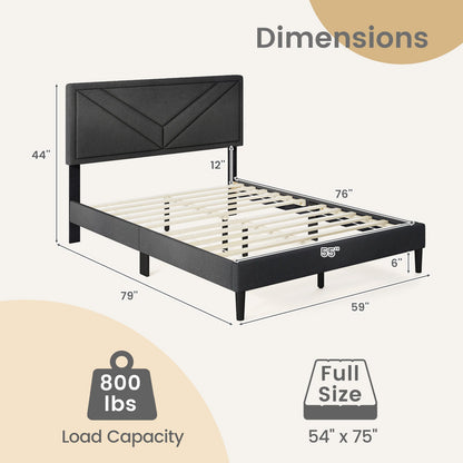 Cama de plataforma tapizada con cabecero capitoné y listones de madera, tamaño matrimonial