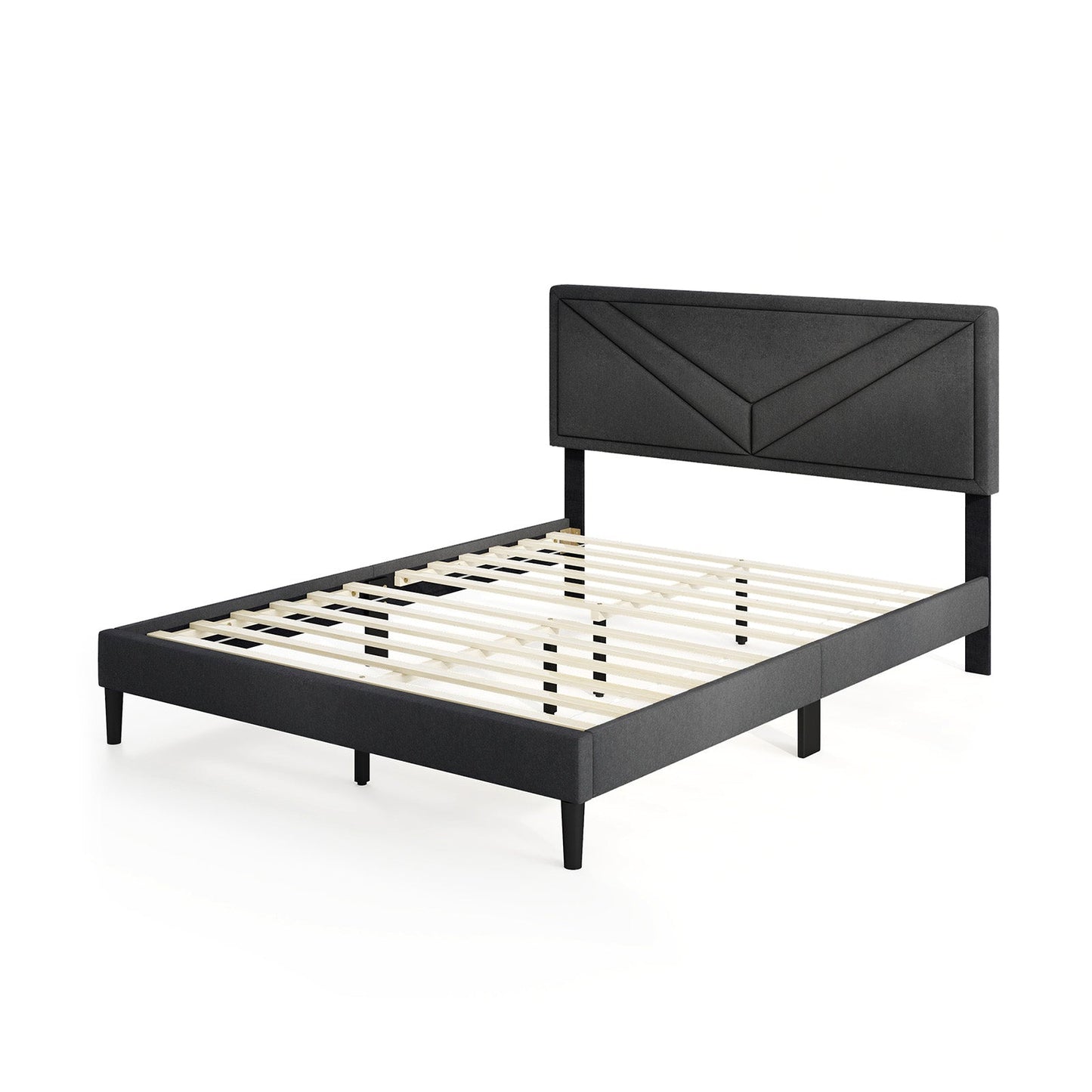 Cama de plataforma tapizada con cabecero capitoné y listones de madera, tamaño matrimonial