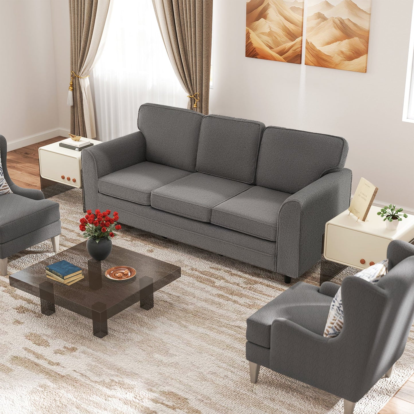 Sofá tapizado de terciopelo Teddy de 3 plazas con cómodos cojines de respaldo - Gris