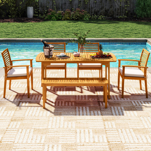 6 Pieces Outdoor Acacia Wood Dining Set with Umbrella Hole - Tampa Home & Garden Store