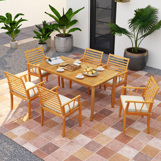 7 Pieces Acacia Wood Patio Dining Set with 1.97 Inch Umbrella Hole and Padded Cushions - Tampa Home & Garden Store