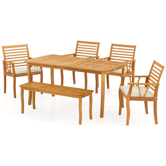 Acacia Wood Outdoor Table and Bench Chairs Set with 1.97 Inch Umbrella Hole - Tampa Home & Garden Store