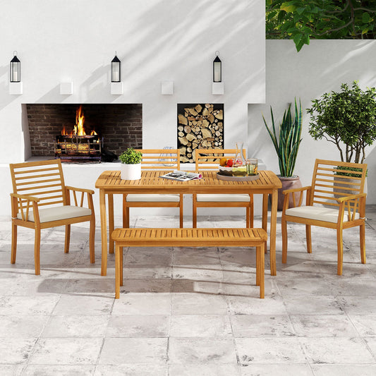Acacia Wood Outdoor Table and Bench Chairs Set with 1.97 Inch Umbrella Hole - Tampa Home & Garden Store