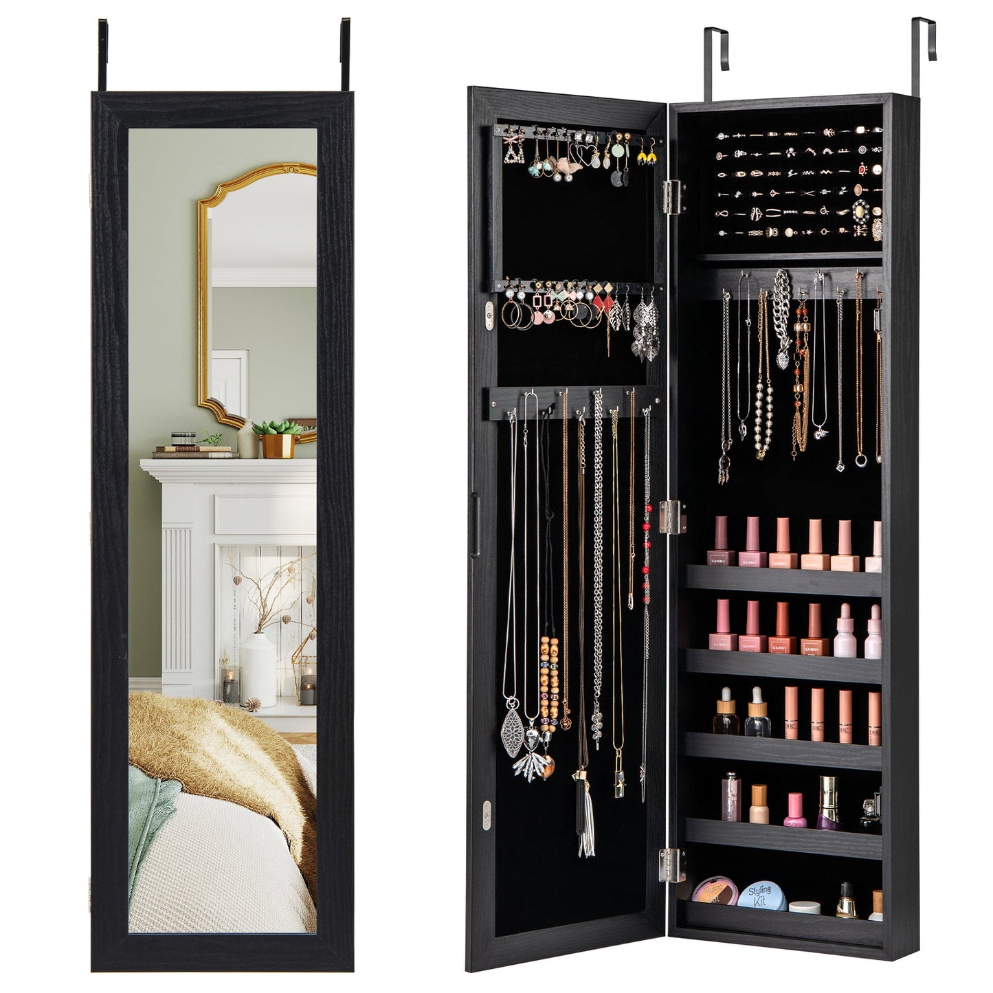 Jewelry Cabinet Wall or Door Armoire Mirror Black