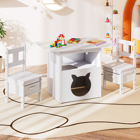 Kids Table and Chairs Set 3 Pieces Wooden Children Furniture with Cat House-White - Tampa Home & Garden Store