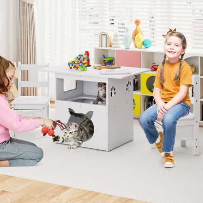 Kids Table and Chairs Set 3 Pieces Wooden Children Furniture with Cat House-White